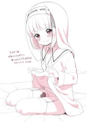1girl blush candy chocolate chocolate_heart clothes_lift dress dress_lift flat_chest food garter_straps heart heart-shaped_food highres kanya_pyi lifting_own_clothes looking_at_viewer monochrome nun original panties smile solo thighhighs translation_request underwear valentine