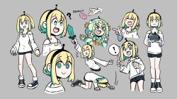 ! :d :i ? ^_^ all_fours amano_pikamee black_footwear black_hairband black_shorts blonde_hair bow c: claw_pose closed_eyes commentary cropped_torso donut english_commentary food full_body green_eyes green_nails grey_background hair_bow hairband highres holding holding_kettle holding_sword holding_weapon kettle kneeling laughing looking_at_viewer looking_down looking_to_the_side off-shoulder_shirt off_shoulder open_mouth pineappru pointing sharp_teeth shirt shoes shorts simple_background smile sneakers spoken_exclamation_mark straight-on sword teeth upper_teeth_only virtual_youtuber voms weapon white_shirt wide_sleeves