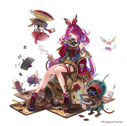 1girl albea_(ta_ga_tame_no_alchemist) bare_shoulders blue_hair brown_footwear candy chocolate chocolate_heart chocolate_making chocolate_on_body drone food food_on_body full_body green_eyes hand_up heart heart-shaped_food jacket long_hair long_sleeves looking_at_viewer mikan_ame_(gumi) multicolored_hair official_alternate_costume official_art purple_hair red_jacket robot short_shorts shorts simple_background solo ta_ga_tame_no_alchemist two-tone_hair valentine
