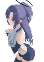 1girl absurdres black_halo black_sleeves blue_archive breasts buruma closed_mouth crop_top from_side gym_uniform halo hand_on_own_chest highres long_hair looking_at_viewer medium_breasts pige_pig ponytail purple_eyes purple_hair simple_background solo sportswear star_sticker sticker_on_face white_background yuuka_(blue_archive)
