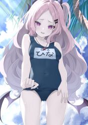 1girl absurdres bare_arms bare_shoulders blue_archive blue_one-piece_swimsuit demon_girl demon_horns demon_wings highres hina_(blue_archive) hina_(swimsuit)_(blue_archive) horns looking_at_viewer nano12xx5 official_alternate_costume official_alternate_hairstyle one-piece_swimsuit one_side_up purple_eyes school_swimsuit solo swimsuit white_hair wings