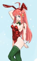 Rule 34 | 1girl, ahoge, animal ears, arm up, artist request, bad link, bare shoulders, blue background, blue eyes, blush, bow, breasts, cleavage, drawfag, fake animal ears, green bow, green thighhighs, hair ornament, highres, leotard, long hair, medium breasts, navel, nono (top wo nerae 2!), pink hair, snowing, solo, standing, thighhighs, tongue, tongue out, top wo nerae! (series), top wo nerae 2!, wrist cuffs