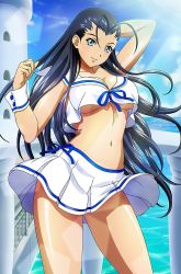 1girl antenna_hair black_hair blue_eyes breasts cleavage ikkitousen kakouen_myousai large_breasts long_hair looking_at_viewer navel ocean sailor skirt smile solo standing underboob water