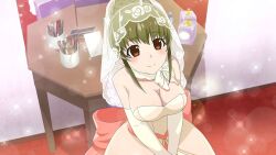 1girl blurry breasts bridal_veil brown_eyes closed_mouth cosmetics cowboy_shot depth_of_field dress dutch_angle elbow_gloves from_above game_cg gloves green_hair highres higurashi_no_naku_koro_ni higurashi_no_naku_koro_ni_mei kimiyoshi_natsumi lens_flare light_particles mirror non-web_source official_art sitting smile sparkle strapless strapless_dress table v_arms veil wedding_dress white_dress white_gloves