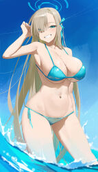 1girl absurdres alternate_costume asuna_(blue_archive) bikini blue_archive blue_bikini blue_eyes blue_halo blue_ribbon blue_sky breasts brown_hair cleavage commentary_request hair_over_one_eye hair_ribbon halo highres large_breasts long_hair looking_at_viewer mm_(mhm2592) mole mole_on_breast navel ribbon side-tie_bikini_bottom sky smile solo stomach swimsuit thighs underboob very_long_hair wading wet