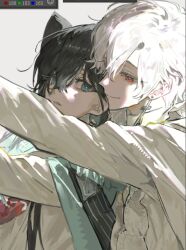 1boy 1girl animal_ears black_hair blue_eyes cat_ears cross earrings hair_between_eyes jewelry kissing_ear long_sleeves original qyzhiaiyisheng red_eyes short_hair white_hair
