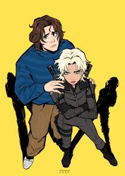 Rule 34 | 1boy, 1girl, animification, black bodysuit, black gloves, blonde hair, bodysuit, brown hair, closed mouth, crossed arms, fingerless gloves, gloves, highres, isacchili, jewelry, long sleeves, looking at viewer, marvel, marvel cinematic universe, pants, sentry (marvel), short hair, simple background, superhero costume, thunderbolts (movie), yelena belova