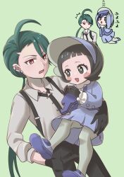 Rule 34 | 2girls, ahoge, black gloves, black hair, black necktie, buttons, carrying, collared shirt, commentary request, dress, earrings, gloves, green hair, hand in pocket, jacket, jewelry, long hair, long sleeves, mizuiro123, multiple girls, multiple views, necktie, nintendo, open mouth, pants, pantyhose, pokemon, pokemon sv, poppy (pokemon), rika (pokemon), shirt, short hair, suspenders, visor cap