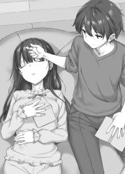 Rule 34 | 1boy, 1girl, absurdres, book, breasts, brother and sister, brother and step-sister, closed eyes, closed mouth, commentary request, greyscale, hand on another&#039;s head, highres, holding, holding book, irido mizuto, irido yume, long hair, long sleeves, looking at another, lying, mamahaha no tsurego ga moto kano datta, medium breasts, monochrome, novel illustration, official art, on back, open book, pants, parted lips, second-party source, shirt, short hair, short sleeves, siblings, sitting, step-brother and step-sister, step-siblings, takayaki
