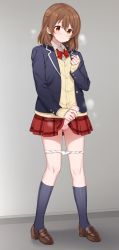 Rule 34 | +++ (artist), 1boy, anonymous crossdresser, bad id, bad twitter id, bar censor, black socks, blush, bow, bow panties, brown hair, brown shoes, cardigan, censored, closed mouth, collared shirt, commission, crossdressing, crossdressing (mtf), full body, highres, jacket, kneehighs, loafers, male focus, male masturbation, masturbation, medium hair, original, panties, panty pull, penis, plaid clothes, plaid skirt, pleated skirt, red skirt, school uniform, shirt, shoes, skeb commission, skirt, socks, solo, standing, sweatdrop, testicles, trap, underwear, vest, white panties, white shirt, yellow vest