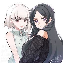 2girls bare_arms bare_back bare_shoulders black_hair black_shirt blonde_hair blunt_bangs bob_cut braid choker green_shirt highres kimi_to_idol_precure lace lace-trimmed_sleeves lace_trim long_hair long_sleeves looking_at_viewer looking_back low_twin_braids mature_female medium_hair meroron_(human_form) multiple_girls off_shoulder open_mouth parted_bangs precure purirun_(human_form) purple_eyes red_eyes ribbon_choker shirt signature sleeveless tank_top tied_shirt turning_head twin_braids twitter_username upper_body very_long_hair watermark yumi_san0112