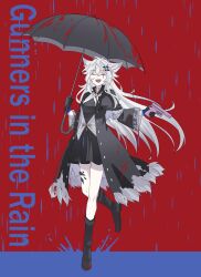 1girl absurdres animal_ears arknights black_coat black_dress black_gloves black_shoes blood blood_on_clothes blue_background boots breasts closed_eyes coat commentary_request dress english_text facing_viewer full_body gloves gun highres holding holding_gun holding_umbrella holding_weapon itonatsu lappland_(arknights) lappland_(refined_horrormare)_(arknights) looking_at_viewer material_growth medium_breasts open_clothes open_mouth open_vest oripathy_lesion_(arknights) rain raining_blood red_background scar scar_across_eye scar_on_face shoes smile solo teeth thigh_boots two-tone_background umbrella upper_teeth_only vest weapon white_hair white_vest wolf_ears