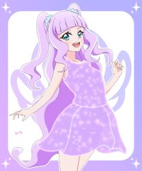 1girl :d absurdres anime_coloring aqua_eyes arched_bangs armpit_peek artist_name bare_arms bare_legs blush border breasts collarbone commentary cowboy_shot dress ellee-chan fingernails four-pointed_star glowing glowing_dress gradient_border hair_ornament hair_tie hand_up henshin highres hirogaru_sky!_precure legs_together light_blush long_hair looking_at_viewer open_mouth outline precure purple_border purple_dress sakuragawa3710 short_dress sleeveless sleeveless_dress small_breasts smile solo sparkle sparkling_clothes standing sundress teeth two_side_up upper_teeth_only very_long_hair wavy_hair white_background white_outline