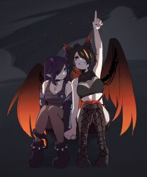 Rule 34 | 2girls, animal ears, black hair, blue eyes, chann pika, choker, demon girl, demon horns, ear piercing, fishnet leggings, grin, hair over one eye, highres, holding hands, horns, indie virtual youtuber, machuuu68, multiple girls, night, night sky, off shoulder, piercing, pointing, purple hair, raven lenore, red eyes, sky, sleeveless, smile, star (sky), teeth, wing hug, wings, yuri