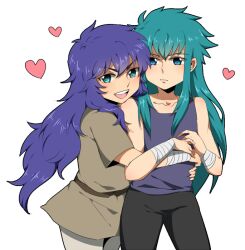 Rule 34 | 2boys, androgynous, aqua hair, aquarius camus, bishounen, black pants, blue eyes, blue hair, blue tank top, commentary request, cowboy shot, heart, hug, light blush, light frown, long hair, looking at viewer, male focus, monyoe, multiple boys, open mouth, pants, saint seiya, scorpio milo, smile, tank top, teeth, tunic, upper teeth only, v-shaped eyebrows, wrist wrap, yaoi
