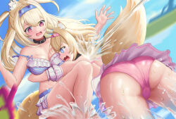 2girls @_@ absurdres alternate_costume animal_ear_fluff animal_ears ass bare_shoulders bikini blonde_hair blue_bikini blue_eyes blush breasts commentary dog_ears dog_girl dog_tail embarrassed frilled_bikini frills fuwawa_abyssgard hair_intakes highres hololive hololive_english horn_hairband hug large_breasts long_hair looking_at_another mitzuhiki mococo_abyssgard multiple_girls open_mouth pink_bikini pink_eyes short_hair siblings sisters swimsuit tail twins virtual_youtuber wet
