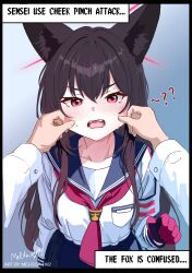 1girl ? absurdres animal_ear_fluff animal_ears black_gloves black_hair blue_archive breast_pocket cheek_pinching english_text fox_ears fox_girl gloves hair_between_eyes halo hands_on_another&#039;s_cheeks hands_on_another&#039;s_face highres long_sleeves looking_at_viewer melissa_v2 neckerchief open_mouth pinching pocket pov purple_eyes purple_gloves purple_halo purple_neckerchief school_uniform sensei_(blue_archive) solo_focus tactical_school_uniform two-tone_gloves yukino_(blue_archive)