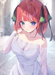 Rule 34 | 1girl, absurdres, bare shoulders, blush, breasts, butterfly hair ornament, closed mouth, collarbone, commentary request, dress, go-toubun no hanayome, hair ornament, highres, lace, lace sleeves, large breasts, long sleeves, looking at viewer, maruta (shummylass), medium hair, nakano nino, off-shoulder dress, off shoulder, purple dress, purple eyes, red hair, see-through cleavage, see-through clothes, solo