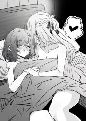 2girls blush braid closed_eyes commentary ear_blush french_braid greyscale hair_ribbon hand_on_another&#039;s_shoulder heart highres holding_hands long_hair looking_at_another lwmina70119 medium_hair miyagi_shiori monochrome multiple_girls nude on_bed parted_lips ribbon sendai_hazuki shuuniichido_classmate_wo_kau_hanashi sweatdrop under_covers yuri