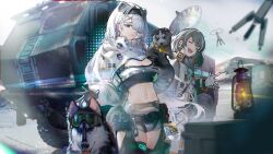 2girls animal animal_ears arknights aurora_(arknights) bear_ears bear_girl black_gloves black_hairband blue_eyes breasts brown_hair chaps cleavage closed_eyes clothing_cutout crop_top cropped_jacket dog earrings gloves goggles grey_shorts hair_over_one_eye hairband highres holding holding_animal holding_dog id_card infection_monitor_(arknights) jacket jewelry kamaz kamaz_typhoon-k lantern long_hair long_sleeves lonki magallan_(arknights) mask mask_around_neck midriff motor_vehicle multicolored_hair multiple_girls navel open_mouth satellite_dish shorts smile streaked_hair thigh_cutout truck white_gloves white_hair white_jacket
