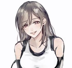 1girl bare_shoulders black_gloves black_hair blush collarbone commentary_request crop_top earrings elbow_gloves final_fantasy final_fantasy_vii final_fantasy_vii_rebirth final_fantasy_vii_remake gloves gogochi55 hair_between_eyes highres jewelry long_hair looking_at_viewer parted_lips pink_lips red_eyes smile solo straight-on suspenders tank_top tifa_lockhart upper_body white_background white_tank_top