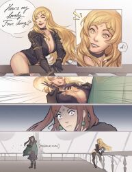 Rule 34 | 2girls, blonde hair, breast mousepad, breasts, brown hair, center opening, coat, drag-on dragoon, drag-on dragoon 3, earrings, facial mark, five (drag-on dragoon), forehead mark, four (drag-on dragoon), green coat, highres, jewelry, large breasts, lips, mousepad, multiple girls, palarien, parted bangs, roman numeral, straddling, surprised, twintails, wide-eyed