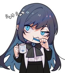 Rule 34 | 1girl, ado (utaite), black bow, black bowtie, black coat, black hair, blue eyes, blue hair, bow, bowtie, brushing teeth, chando (ado), coat, colored inner hair, commentary request, cup, ha-chan (ado), holding, holding cup, long hair, long sleeves, mole, mole under eye, mug, multicolored hair, open clothes, open coat, riseno, simple background, solo, utaite, white background