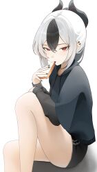 1girl absurdres black_hair black_horns black_nails black_shorts blue_archive blue_hoodie bread bread_slice commentary demon_horns ear_piercing eating food grey_hair grey_shirt hair_between_eyes highres holding holding_food hood hood_down hoodie horns kayoko_(blue_archive) leg_up looking_at_viewer multicolored_hair niel_(nielx3010) no_halo piercing ponytail red_eyes shirt short_shorts shorts sidelocks sitting solo two-tone_hair undershirt