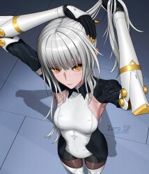 1girl artist_logo black_shrug bodysuit breasts from_above grey_hair highres karenina:_scire_(pgr) karenina_(pgr) logo long_hair looking_at_viewer mechanical_arms orange_eyes punishing:_gray_raven shrug_(clothing) small_breasts solo white_bodysuit zero_sf