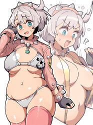 1girl adapted_costume bikini bracelet breasts elphelt_valentine fingerless_gloves gloves grey_hair guilty_gear guilty_gear_strive hairband highres itsuka_neru jewelry large_breasts medium_breasts navel plump shrug_(clothing) slingshot_swimsuit spiked_bracelet spiked_hairband spikes stomach sweatdrop swimsuit thick_thighs thighhighs thighs