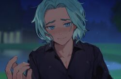 1boy black_shirt blurry blurry_background blush building collarbone collared_shirt cove_holden curtained_hair green_eyes green_hair lake looking_at_viewer male_focus night offering_hand our_life:_beginnings_and_always pectoral_cleavage pectorals reaching reaching_towards_viewer reflection reflective_water ryuuieu shirt short_hair smile solo swept_bangs tree upper_body