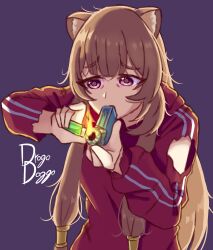 1girl alternate_costume animal_ears artist_name bags_under_eyes blunt_bangs brown_hair commentary_request drogo_doggo fire hands_up highres holding holding_lighter hood hood_down hooded_jacket jacket lighter long_hair long_sleeves looking_ahead messy_hair metal_hair_tubes pink_eyes purple_background raccoon_ears raccoon_girl raphtalia red_jacket simple_background smoking solo spanish_commentary tate_no_yuusha_no_nariagari torn_clothes torn_jacket upper_body