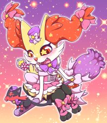 1girl animal_ear_fluff animal_ears animal_feet animal_nose ankle_ribbon artist_name bell black_fur blush body_fur bow bowtie braixen broom broom_riding cat chibi closed_eyes clothed_pokemon creatures_(company) dress fangs female_focus flat_chest fox_ears fox_girl fox_tail frilled_dress frills furry furry_female game_freak gen_6_pokemon gen_7_pokemon gradient_background hair_bow happy hat hat_bow jingle_bell leg_ribbon litten looking_to_the_side magical_girl mini_hat mini_top_hat neck_bell neck_fur negoya nintendo off-shoulder_dress off_shoulder open_mouth outline pink_bow pink_dress pink_ribbon pokemon pokemon_(creature) purple_bow purple_bowtie purple_headwear red_eyes ribbon short_dress sidesaddle signature smile snout solo_focus sparkle star-shaped_pupils star_(symbol) symbol-shaped_pupils tail top_hat wand white_fur white_outline yellow_fur