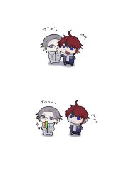2koma absurdres aotsuki_eito biting biting_face black_hair blue_eyes chibi chibi_only closed_mouth comic full_body glasses grey_hair head_biting highres japanese_text long_sleeves messy_hair multicolored_eyes multicolored_hair open_mouth parted_hair rainbow red_eyes red_hair simple_background standing sumino_takumi the_hundred_line_-last_defense_academy-
