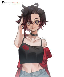 1girl adjusting_hair alternate_costume arm_at_side artist_name bare_shoulders black_camisole black_choker black_hair blue_pants breasts camisole choker closed_mouth collarbone colored_tips crop_top denim eyebrows eyelashes female_focus gradient_hair grey_eyes hand_up jacket jacket_partially_removed lips looking_at_viewer medium_breasts midriff multicolored_hair navel pants patreon_logo red_hair red_jacket ruby_rose rwby short_hair simple_background solo two-tone_hair upper_body variant_set zuu_(zuuzu)