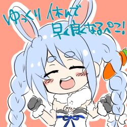 Rule 34 | 1girl, :d, ^ ^, animal ear fluff, animal ears, blue hair, blush stickers, bow, braid, breasts, brown background, chibi, closed eyes, commentary request, don-chan (usada pekora), dress, fur-trimmed gloves, fur trim, gloves, grey gloves, grey leotard, hair between eyes, hair bow, hair ornament, hands up, highres, hololive, kiritoma, leotard, long hair, open mouth, outline, rabbit ears, rabbit hair ornament, short eyebrows, small breasts, smile, solo, strapless, strapless dress, strapless leotard, thick eyebrows, translation request, twin braids, twintails, upper body, usada pekora, usada pekora (1st costume), very long hair, virtual youtuber, white bow, white dress, white outline