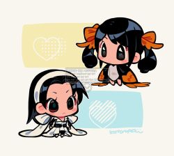 Rule 34 | 2girls, :&lt;, black eyes, black hair, chinese clothes, closed mouth, dot mouth, dress, full body, hairband, heart, highres, kazama jun, kotorai, ling xiaoyu, long hair, multiple girls, orange ribbon, ribbon, sleeves past fingers, sleeves past wrists, tekken, twintails, watermark, white dress, white hairband