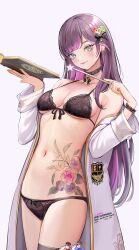 10_plus 1girl artist_name bare_shoulders black_bra black_choker black_panties black_thighhighs black_wrist_cuffs blush book bow bow_panties bra breasts butterfly_earrings choker cleavage coat collarbone commentary commission cowboy_shot earrings english_commentary flask flower_tattoo front-tie_top grimoire hair_bow hair_ornament hands_up heart heart_hair_ornament heterochromia highres holding holding_book holding_wand jewelry lace lace-trimmed_bra lace_trim long_coat long_hair long_sleeves looking_at_viewer magic_circle medium_breasts nail_polish off_shoulder open_clothes open_coat original panties purple_eyes purple_hair simple_background single_thighhigh smile solo standing stomach stomach_tattoo tattoo thighhighs twitter_username underboob underwear very_long_hair wand white_background white_coat wrist_cuffs yellow_eyes yellow_nails