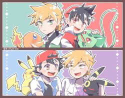 Rule 34 | 4boys, artist name, ash ketchum, back-to-back, backwards hat, baseball cap, black hair, blonde hair, blue oak, brown eyes, bulbasaur, charmander, clinging, coat, fang, gary oak, gen 1 pokemon, gen 2 pokemon, green eyes, hat, headpat, holding, holding pokemon, jacket, kipam, korean commentary, looking at another, looking at viewer, male focus, multiple boys, nintendo, open mouth, pikachu, pokemon, pokemon (anime), pokemon (classic anime), pokemon (creature), pokemon adventures, protected link, red (pokemon), red eyes, shirt, short hair, simple background, smile, umbreon, white coat