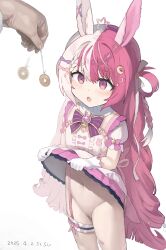 1girl :o @_@ animal_ears artist_name bandaid bandaid_on_leg blush bow bowtie braid center_frills clothes_lift coin coin_on_string commentary_request commission cowboy_shot crescent crescent_hair_ornament dated dress dress_bow dress_lift frilled_dress frilled_thigh_strap frills frown garter_straps gloves groin hair_ornament hair_ribbon hair_rings highres holding holding_pendulum holed_coin hypnosis idol_corp lalabell_lullaby lifting_own_clothes long_hair magical_girl mind_control multicolored_hair navel no_panties open_mouth pendulum pink_eyes pink_hair pink_trim pov pov_hands puffy_short_sleeves puffy_sleeves purple_bow purple_bowtie rabbit_brooch rabbit_ears rabbit_girl ribbon short_sleeves simple_background single_garter_strap skeb_commission solo sparkle_hair_ornament split-color_hair star_ahoge susu_(ysy) thigh_strap very_long_hair virtual_youtuber white_background white_gloves white_hair white_ribbon