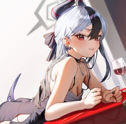 1girl bare_shoulders black_choker black_cola black_hair black_horns blue_archive blush breasts choker cleavage collarbone cup diamond_necklace dress drinking_glass ear_piercing earrings hair_between_eyes hair_over_shoulder halo highres horns jewelry kayoko_(blue_archive) kayoko_(dress)_(blue_archive) long_hair looking_at_viewer multicolored_hair official_alternate_costume open_mouth piercing red_eyes simple_background solo two-tone_hair white_hair white_halo wine_glass