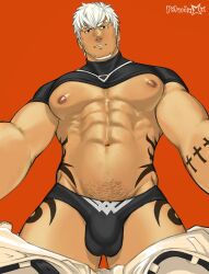 1boy abs artist_name bara bulge clothes_pull creed_(gyee) crop_top ear_piercing earrings feet_out_of_frame gyee highres jewelry large_pectorals looking_at_viewer male_focus male_underwear manly mature_male muscular muscular_arms necklace nipples pants pants_pull pectorals piercing polarixxxhere pubic_hair short_hair signature simple_background smirk solo spiked_hair stud_earrings tattoo thick_eyebrows thighs underwear white_hair