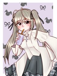 1girl blush bow brown_eyes commission commissioner_upload cross cup drinking drinking_straw grey_hair hair_ornament hair_ribbon holding holding_cup kasugano_sora long_hair long_sleeves lyraamst milk_tea ribbon skirt tagme twintails very_long_hair yosuga_no_sora