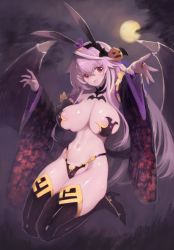 Rule 34 | 1girl, :d, animal ears, bad id, bad twitter id, black bra, black panties, blush, boots, bra, breasts, breasts apart, bridal gauntlets, bridgeless bra, cloud, commentary, demon wings, detached collar, fake animal ears, female focus, flying sweatdrops, food-themed hair ornament, full body, full moon, hair between eyes, hair ornament, hairband, halloween, high heel boots, high heels, highleg, highleg panties, japanese clothes, karioki sumi, kimono, large breasts, long hair, long sleeves, looking at viewer, moon, navel, night, open clothes, open kimono, open mouth, outdoors, panties, pink hair, pumpkin hair ornament, rabbit ears, red eyes, sengoku bushouki muramasa, smile, solo, thigh boots, thighhighs, toudou takatora (sengoku bushouki muramasa), underwear, wide sleeves, wings