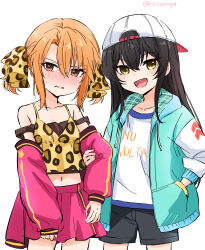 Rule 34 | 2girls, :d, absurdres, animal print, backwards hat, baseball cap, black shorts, blush, brown hair, camisole, collarbone, cosplay, costume switch, detached sleeves, gyaru, hair ribbon, hand in pocket, hat, highres, hood, hoodie, idolmaster, idolmaster cinderella girls, idolmaster cinderella girls u149, leopard print, long hair, looking at viewer, matoba risa, midriff, multiple girls, off shoulder, open mouth, orange hair, pink skirt, pleated skirt, print ribbon, ribbon, roccamoya, short hair, shorts, skirt, smile, sweatdrop, twitter username, yuuki haru