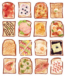 apple apple_slice bacon banana banana_slice beans bell_pepper bell_pepper_slice blueberry bread bread_slice butter cheese cherry_tomato chocolate_syrup egg_(food) egg_yolk food food_bite food_focus fried_egg fruit granulated_sugar green_bell_pepper ham hardboiled_egg highres ice_cream jam kiwi_(fruit) kiwi_slice kurusun lettuce no_humans olive original pea_pod pizza powdered_sugar simple_background strawberry strawberry_jam strawberry_slice toast tomato variations white_background