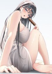 1girl barefoot black_hair blue_eyes blush breasts commentary_request food grey_shorts grey_tank_top hair_ornament hairclip highres holding holding_food holding_popsicle large_breasts long_hair looking_at_viewer nen_0405 open_mouth original popsicle ribbed_tank_top short_shorts shorts simple_background sitting solo sweat tank_top
