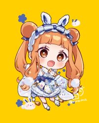 Rule 34 | 1girl, :d, black sandals, blush, brown eyes, brown hair, chibi, commentary request, detached sleeves, full body, ichihara nina, idolmaster, idolmaster cinderella girls, idolmaster cinderella girls starlight stage, japanese clothes, kimono, long hair, long sleeves, open mouth, rino cnc, sandals, simple background, sleeveless, sleeveless kimono, smile, socks, solo, twintails, twitter username, very long hair, white kimono, white sleeves, white socks, wide sleeves, yellow background