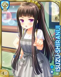1girl apron bag black_hair bow card_(medium) character_name denim denim_shorts dress earrings girlfriend_(kari) grey_apron grey_bow hair_ornament hand_on_own_hip indoors jewelry night official_art open_mouth pointing pointing_at_viewer purple_eyes qp:flapper shiranui_isuzu shirt shorts side_ponytail striped_apon tagme white_shirt