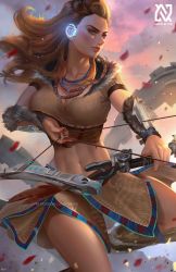 1girl absurdres aloy_(horizon) arrow_(projectile) beads bow_(weapon) braid breasts brown_hair cleavage drawing_bow earpiece green_eyes hair_beads hair_ornament highres holding holding_bow_(weapon) holding_weapon horizon_(video_game) horizon_zero_dawn jewelry lips long_hair medium_breasts midriff multiple_braids navel necklace nopeys realistic solo tribal watermark weapon web_address